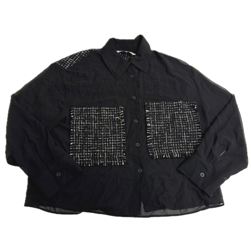 Zara Shirt Women Medium Black Tweed Patchwork Grunge Sheer Button Up - Picture 2 of 10